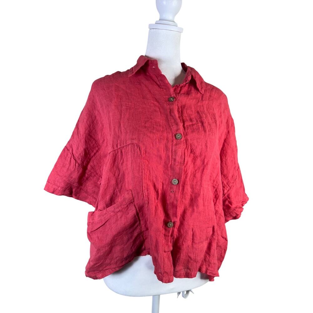 LAURA GOTTI‎ Italian Red 100% Linen Button Down Short Sleeve Shirt S Oversized